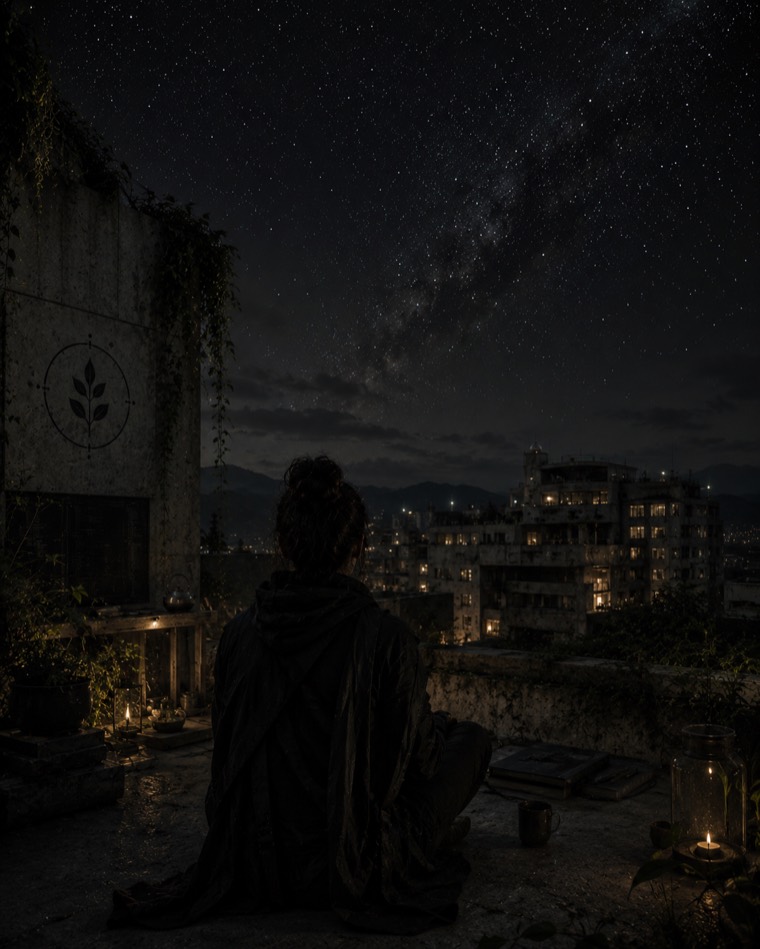 A rooftop station at night with a person looking at the stars above the city
