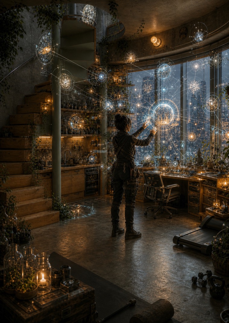 A station room filled with glowing network maps and city-facing research tools