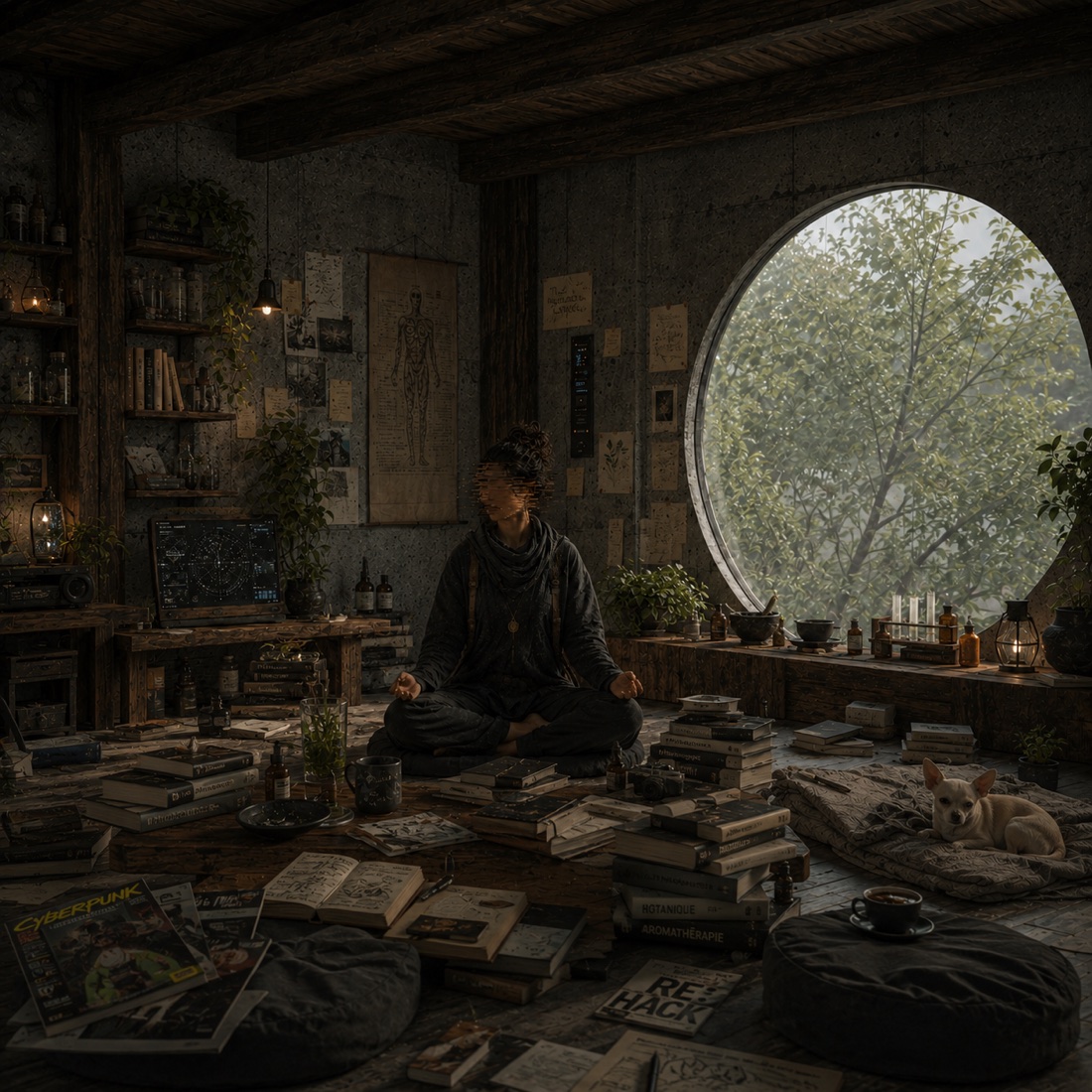 A quiet station room with a researcher meditating near a round window