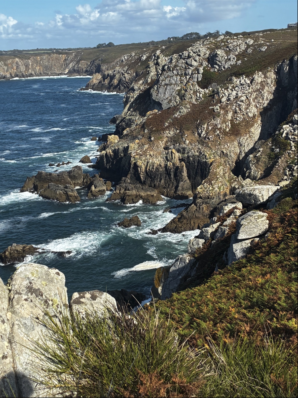 A rocky ocean cliff with waves, grass, and blue sky