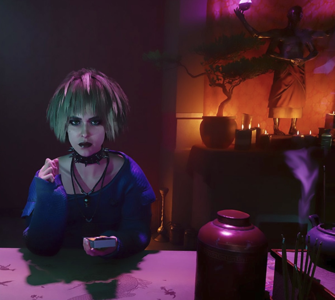 Misty Olszewski sitting in a neon-lit room in Cyberpunk 2077