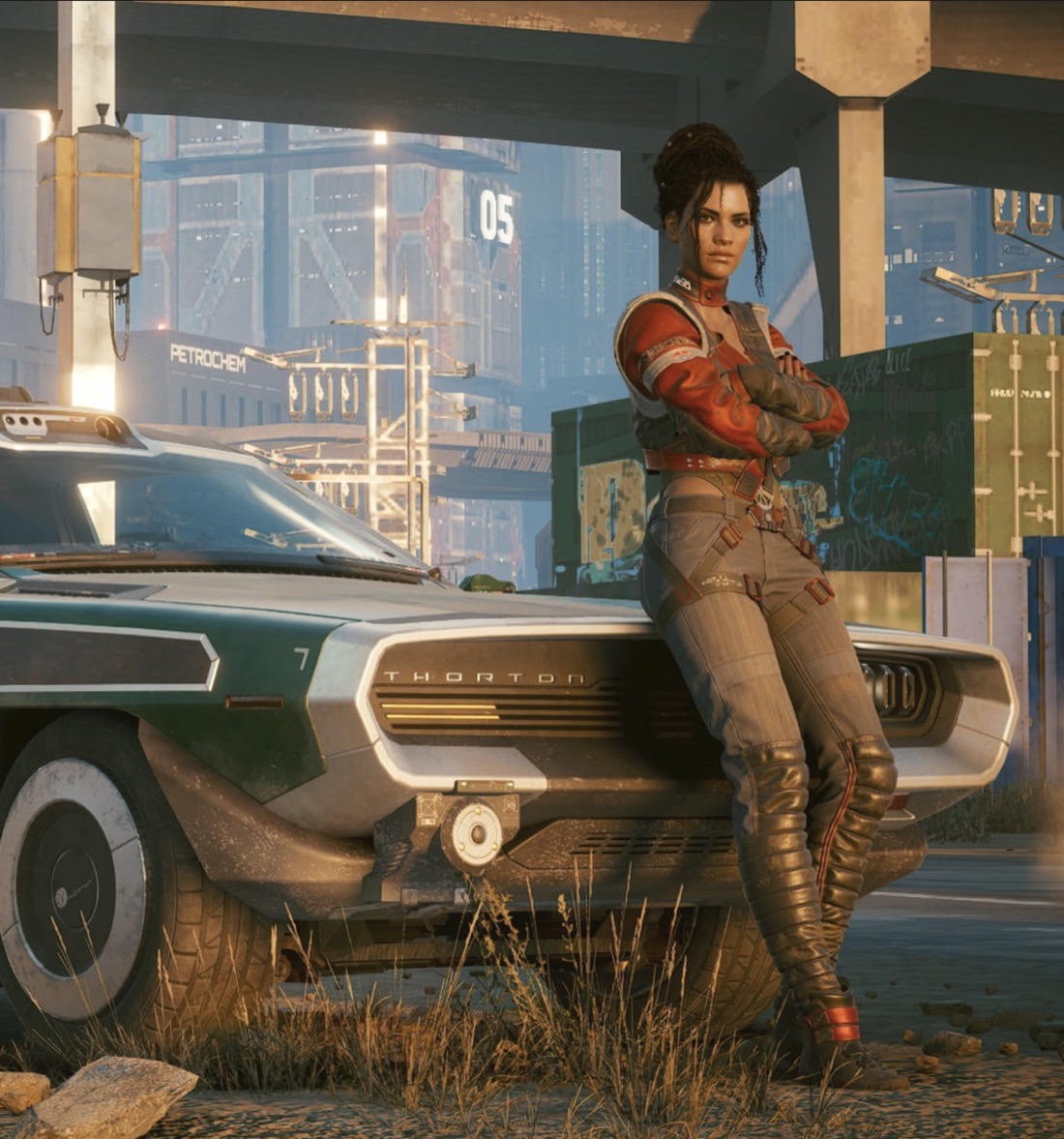 Panam Palmer leaning against a car in Cyberpunk 2077