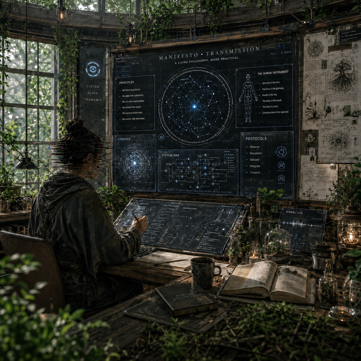 A station researcher studying Human Design transmissions at a desk