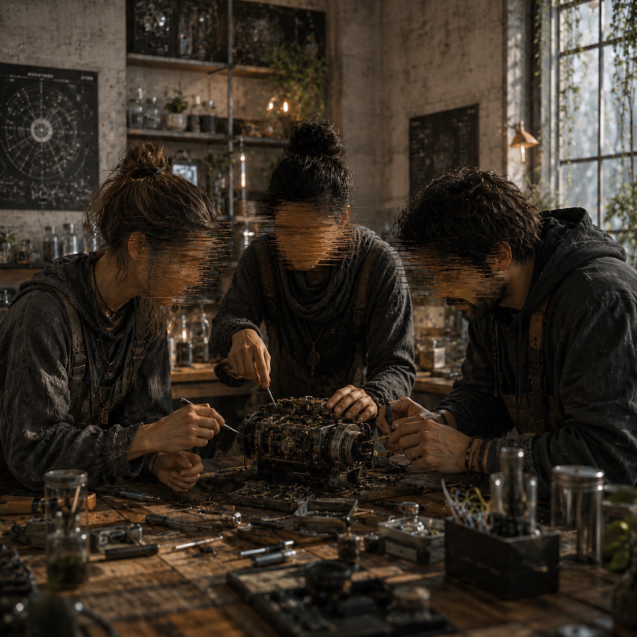 Three station researchers working around a mechanical object